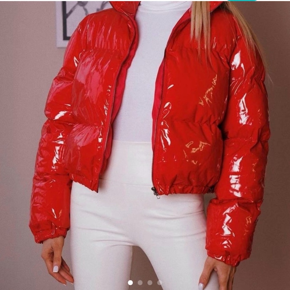 Red Faux Leather Puffer Jacket - SOLD